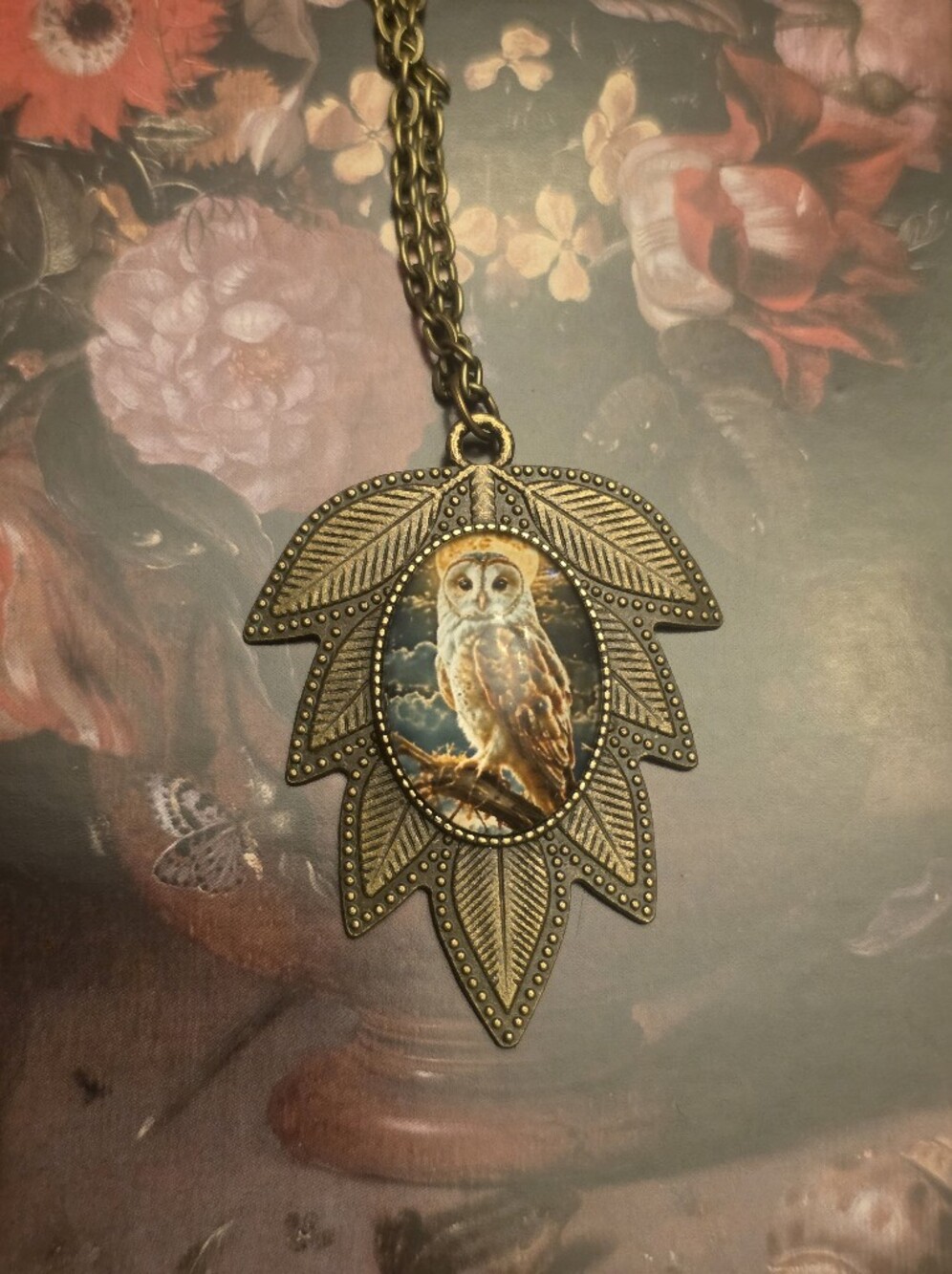 Owl Glass Cabochon In Bronze Fern Leaf Metal Pendant With Chain Necklace